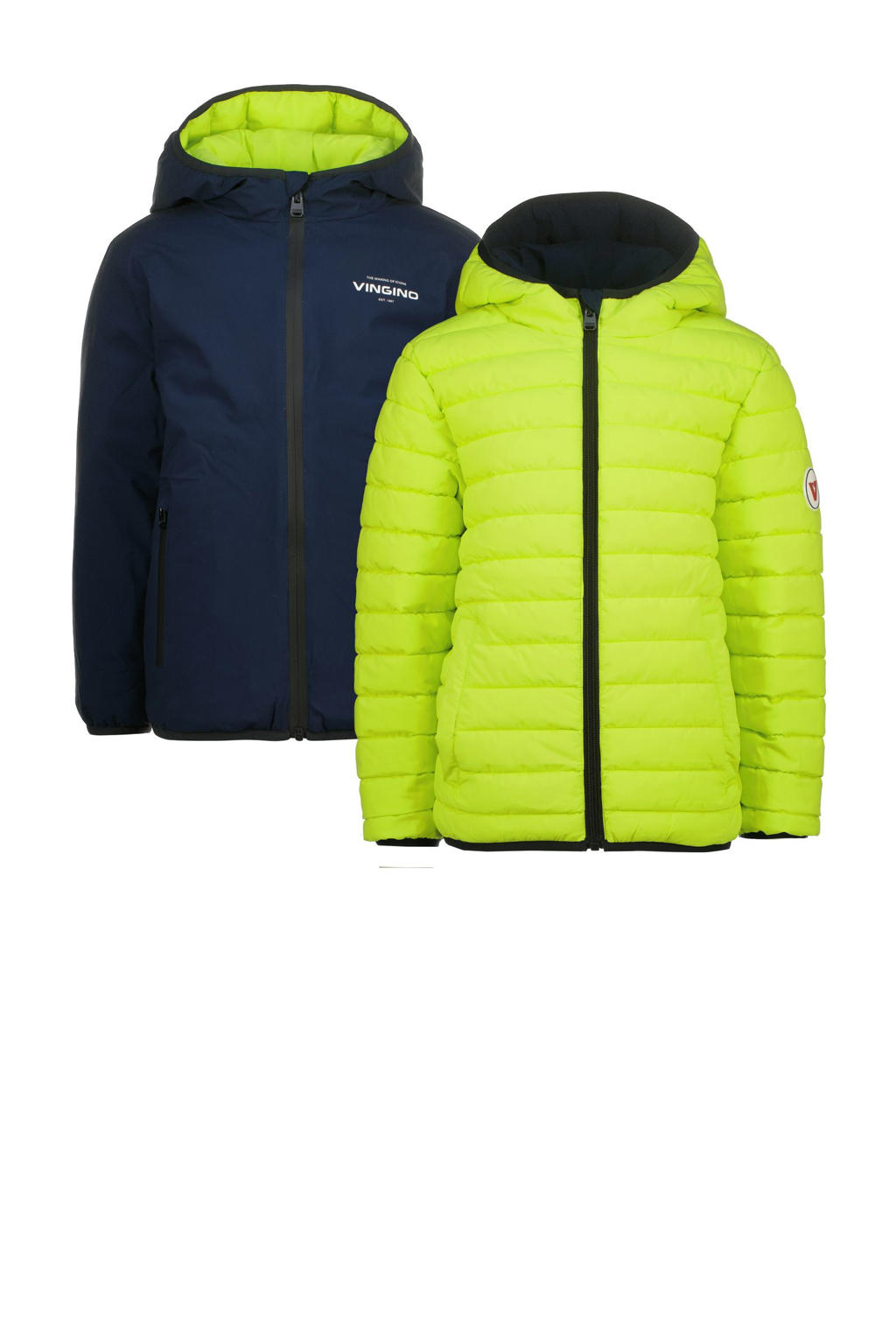 Donkerblauw en neonkleurige jongens Vingino reversible tussenjas geel van polyester met effen, lange mouwen, capuchon en ritssluiting