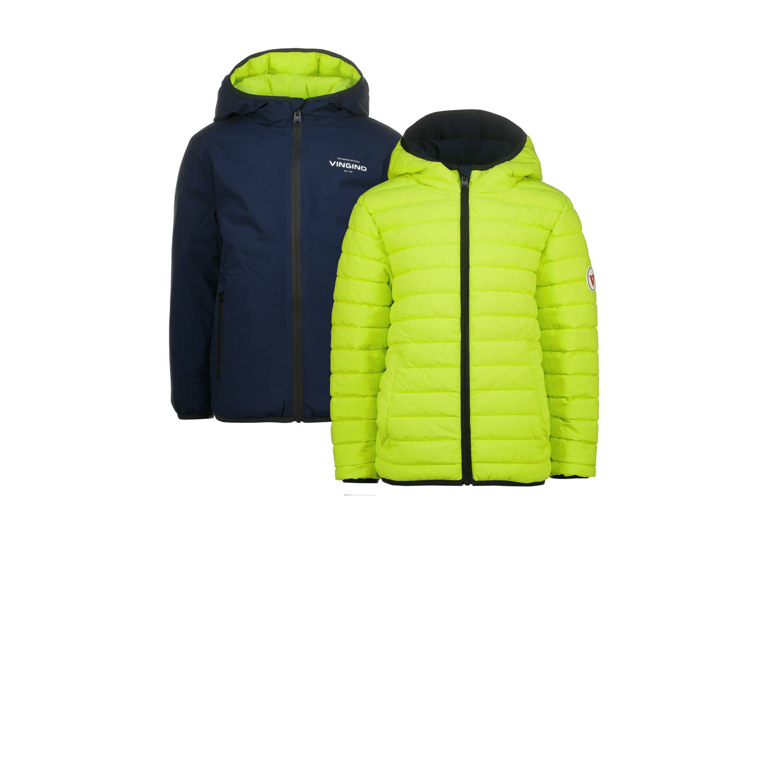 Vingino reversible tussenjas donkerblauw neongeel