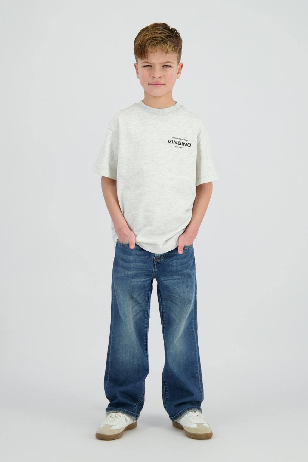 Grijs melange jongens Vingino T-shirt melange van katoen met effen, korte mouwen en ronde hals