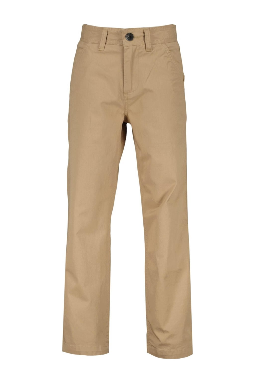 Bruine jongens Vingino relaxed chino van stretchkatoen met regular waist, rits- en knoopsluiting en effen