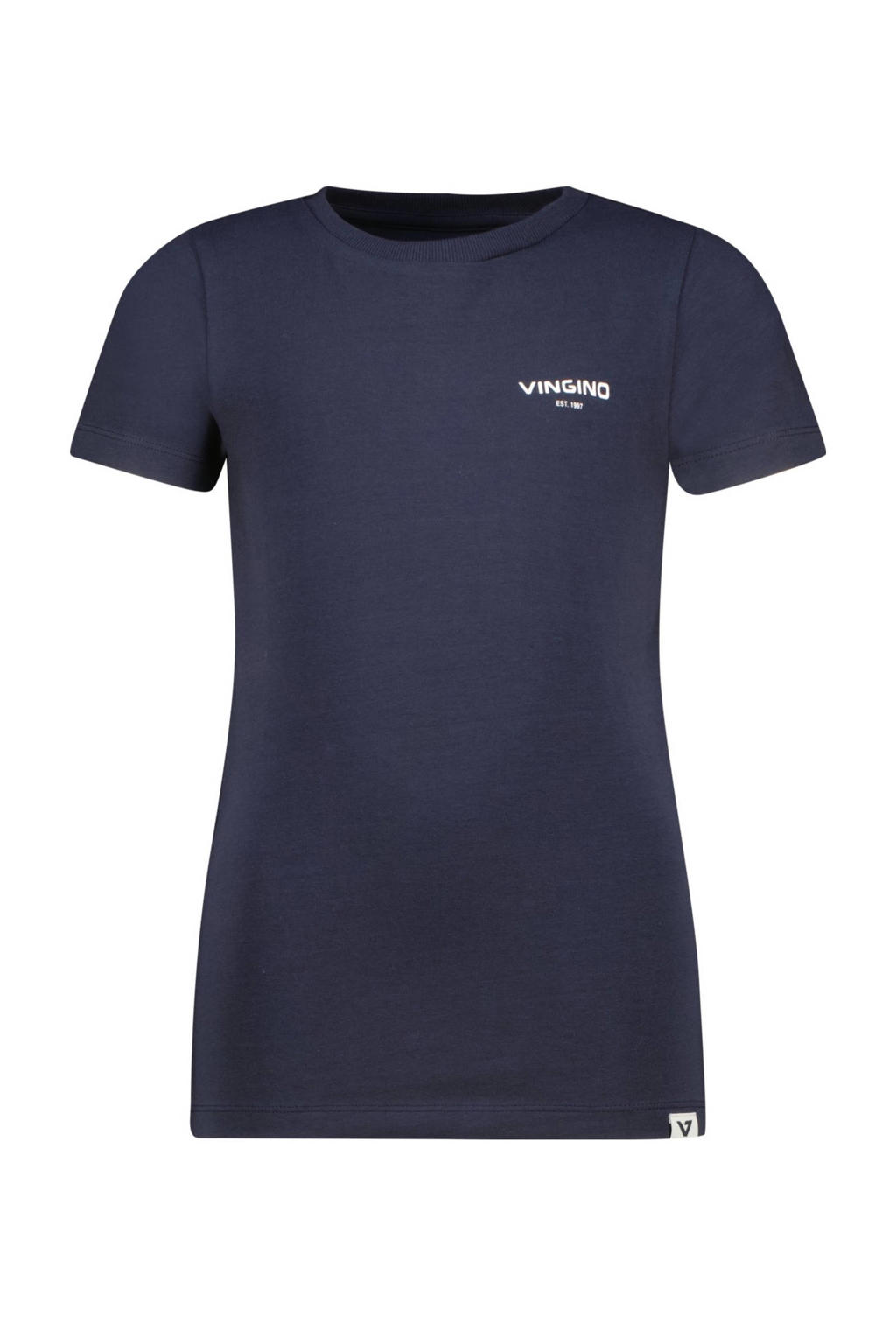 Donkerblauwe jongens Vingino T-shirt van stretchkatoen met effen, korte mouwen en ronde hals