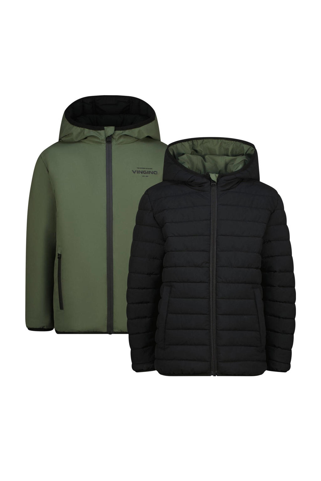 Groen en antraciete jongens Vingino reversible tussenjas armygroen van polyester met effen, lange mouwen, capuchon en ritssluiting