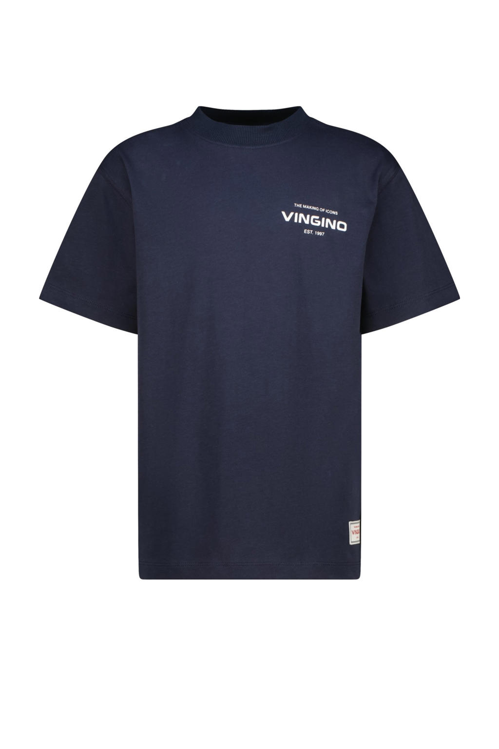 Donkerblauwe jongens Vingino T-shirt van katoen met effen, korte mouwen en ronde hals