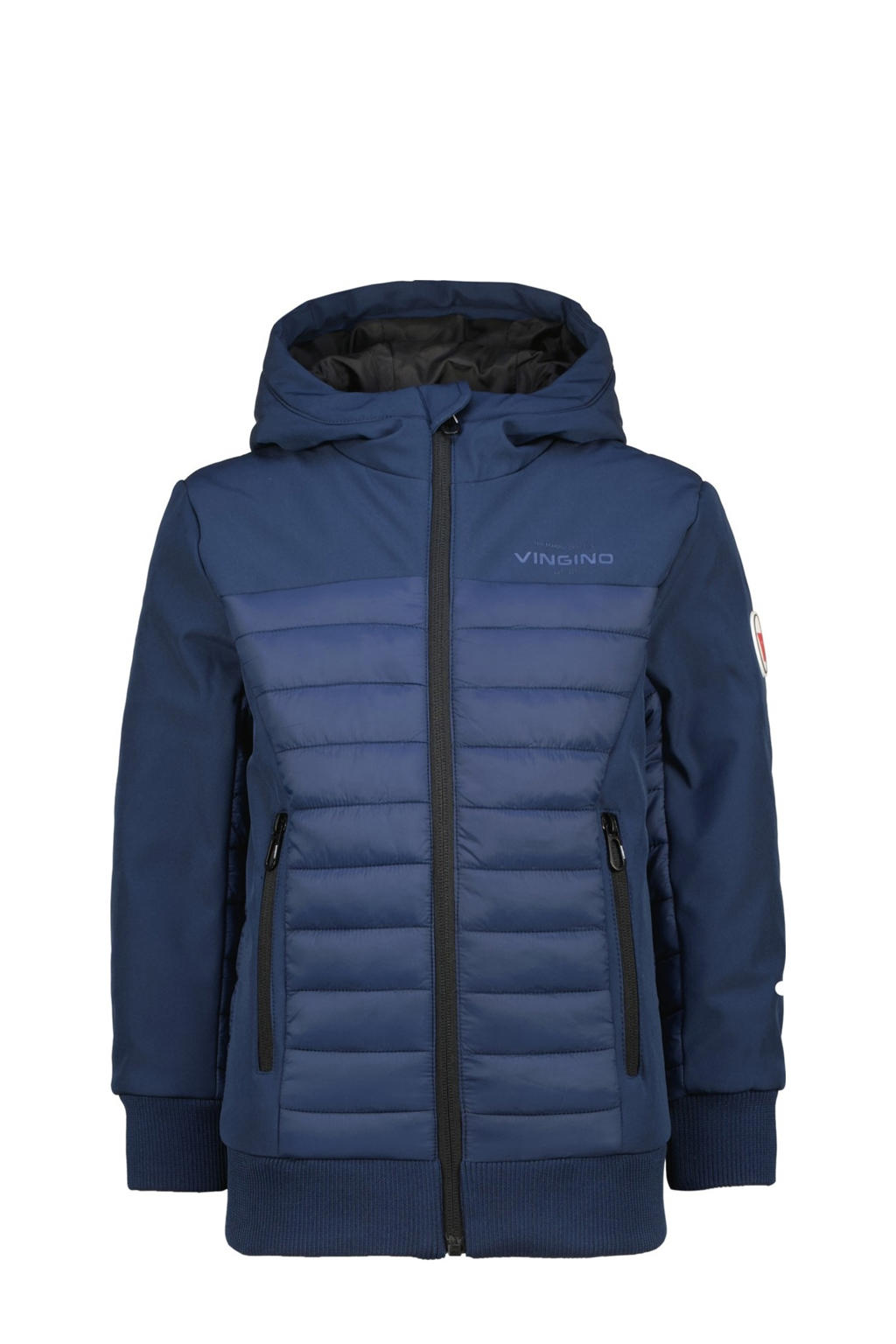 Donkerblauwe jongens Vingino tussenjas van polyester met effen, lange mouwen, capuchon, ritssluiting en doorgestikte details