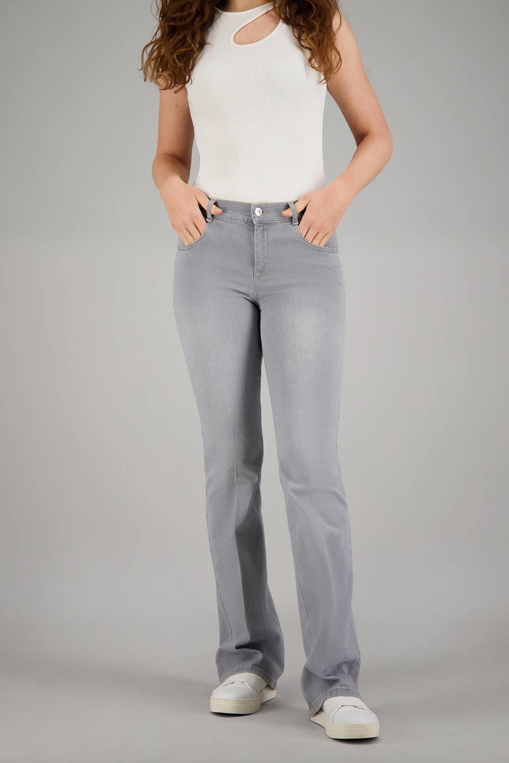 Lichtgrijze dames gardeur bootcut jeans van denim met regular waist, rits, haak- en knoopsluiting en effen
