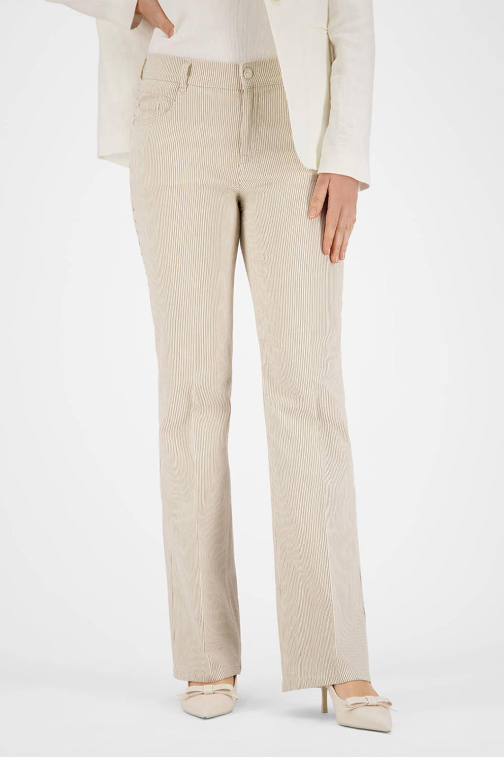 Beige dames gardeur straight regular waist broek van denim met rits, haak- en knoopsluiting en strepenprint