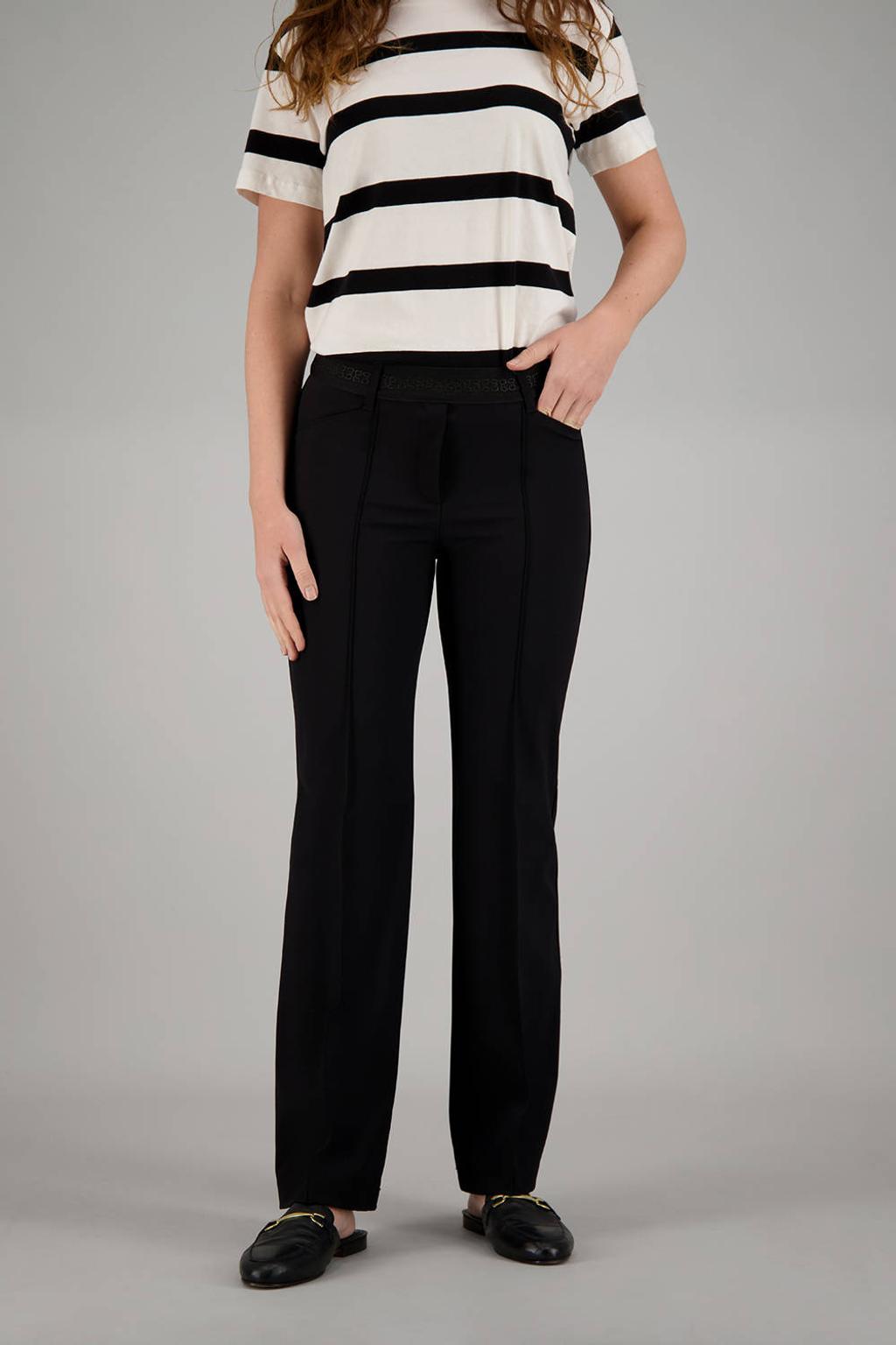 Zwarte dames gardeur flared regular waist broek van polyamide met elastische tailleband en effen