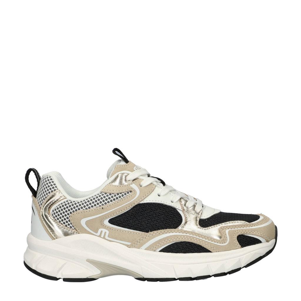 Zwart en beige dames Maruti Novi chunky leren sneakers van textiel met veters