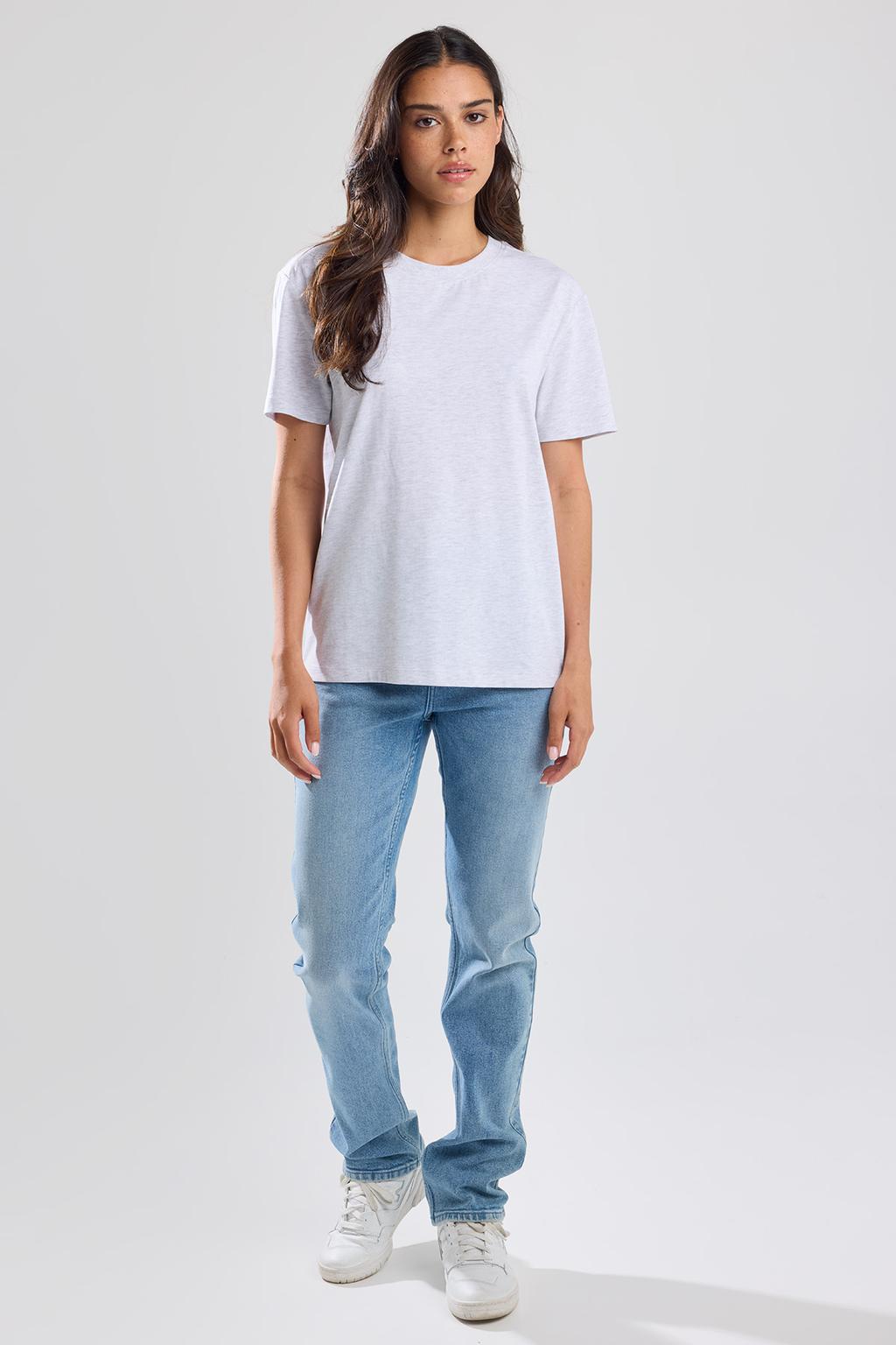 Lichtgrijze dames America Today T-shirt van katoen met effen, korte mouwen en ronde hals