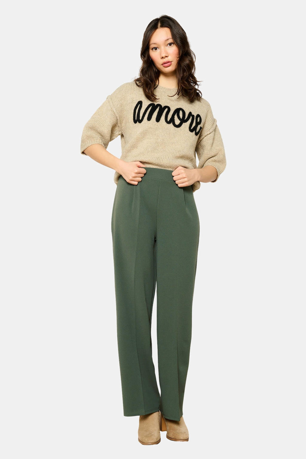 Kakikleurige dames LOLALIZA wide leg regular waist broek van polyester met elastische tailleband en effen