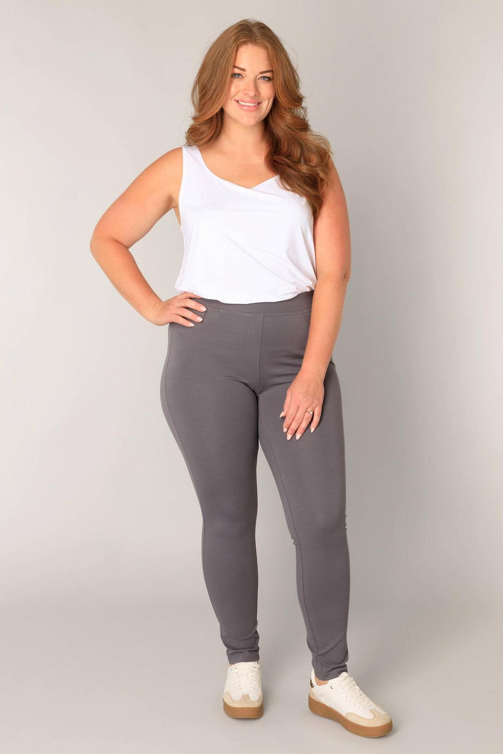 Antraciete dames Base Level Curvy slim high waist broek met elastische tailleband en effen
