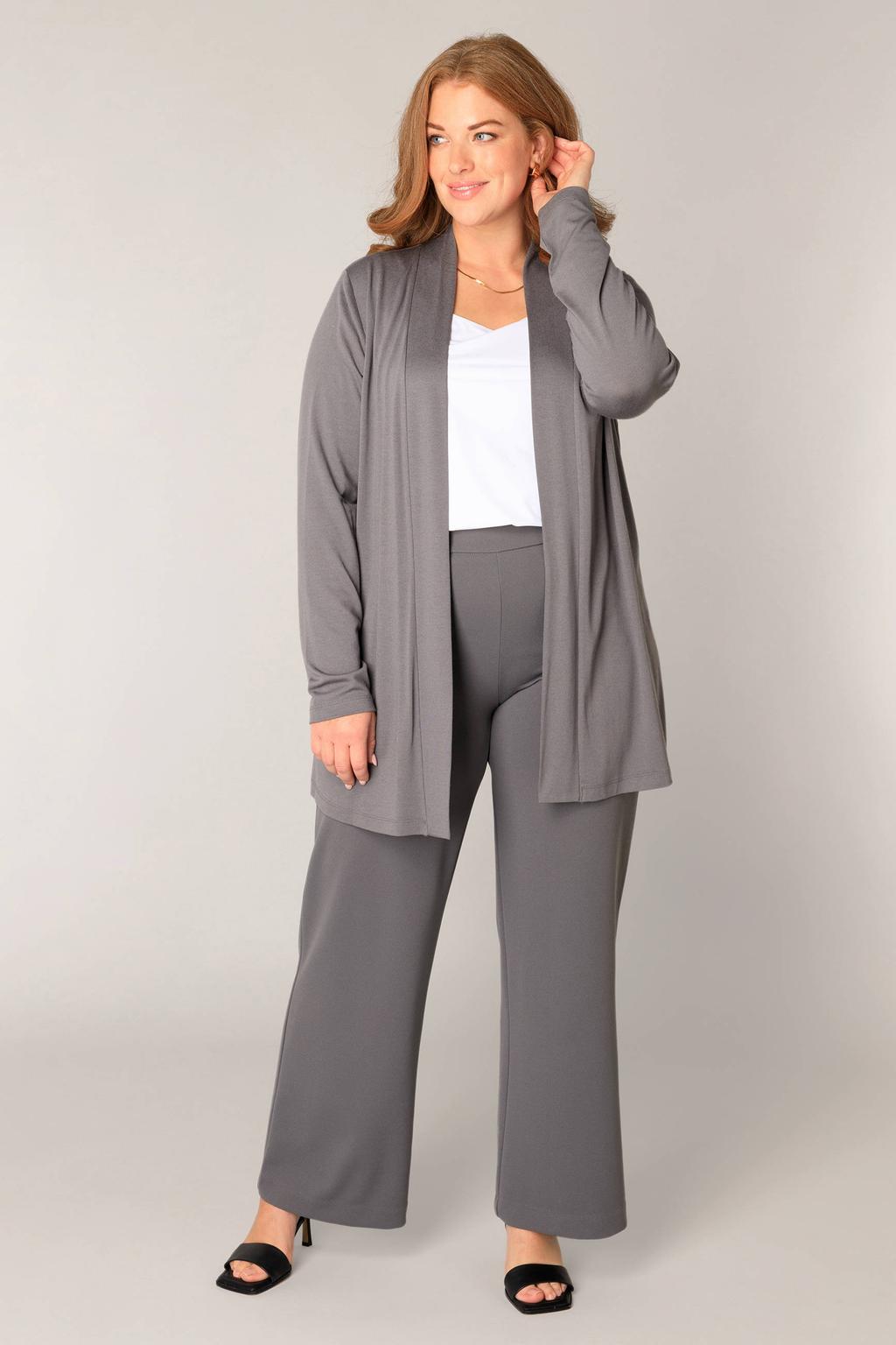 Grijze dames Base Level Curvy vest fijn gebreid met effen, lange mouwen en openvallende hals