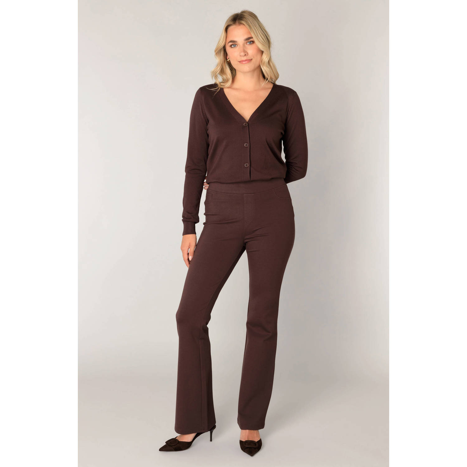 Base Level jersey flared high waist flared broek donkerbruin