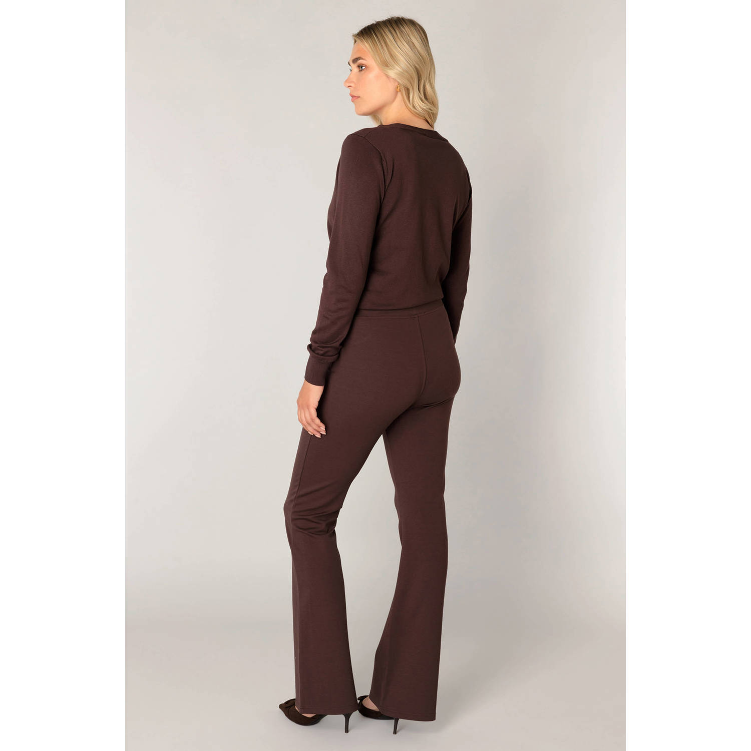 Base Level jersey flared high waist flared broek donkerbruin
