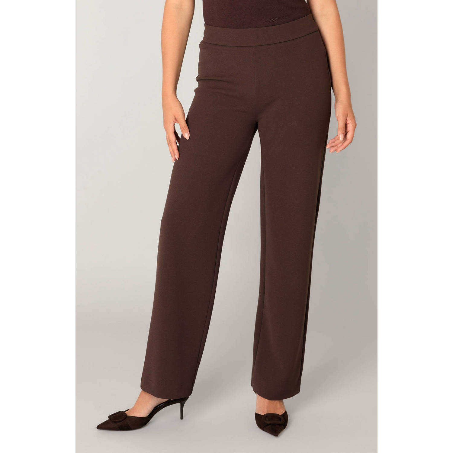 Base Level wide leg high waist broek donkerbruin