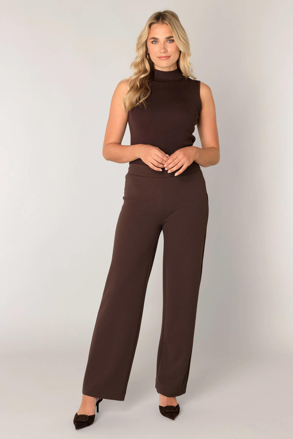 Donkerblauwe dames Base Level wide leg high waist broek met effen