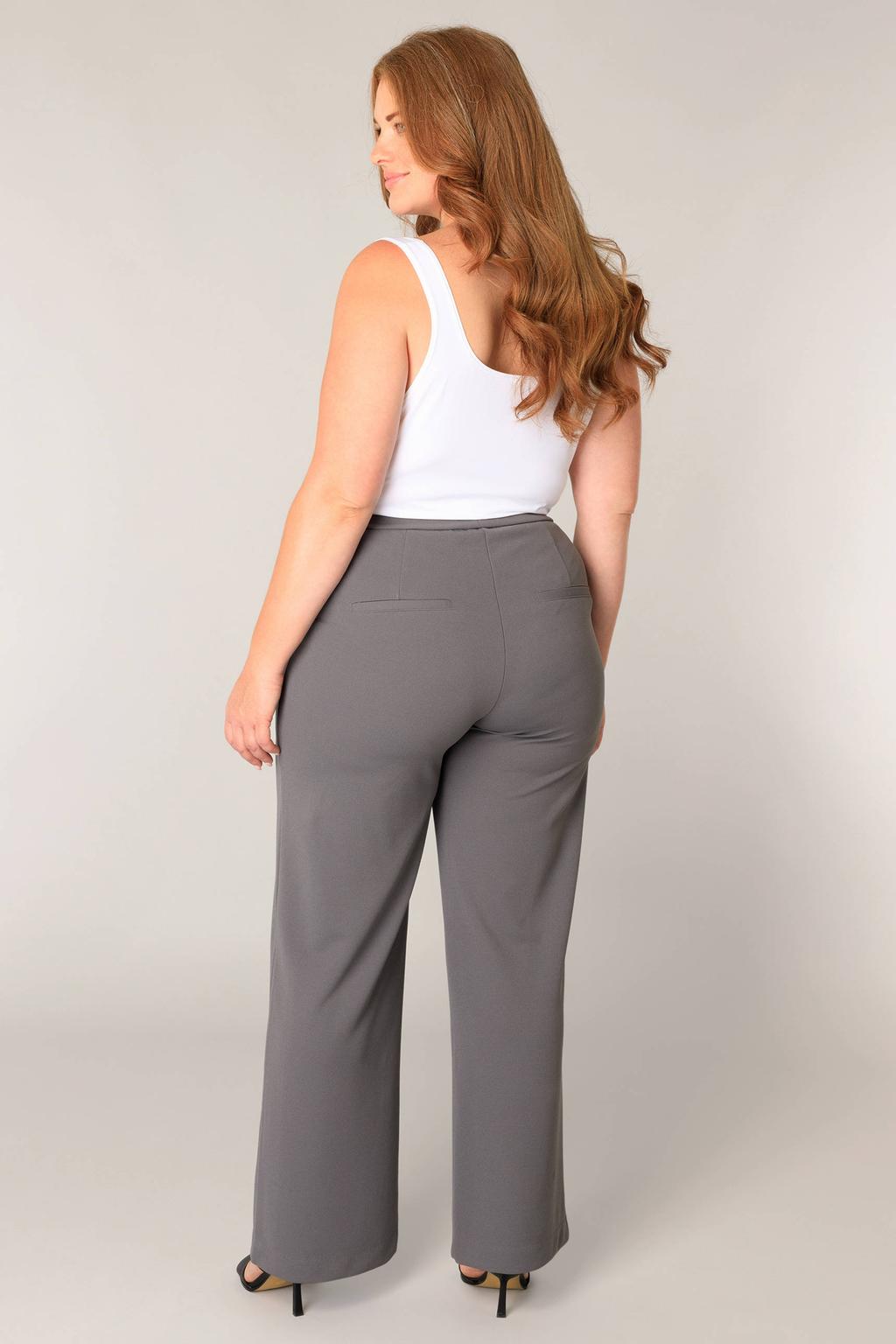 Grijze dames Base Level Curvy straight high waist broek van polyester met elastische tailleband en effen
