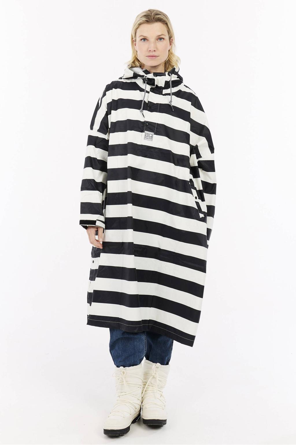 Ecru dames Protest regenjas Laugh van polyester met strepenprint, lange mouwen, capuchon en drukknoopsluiting