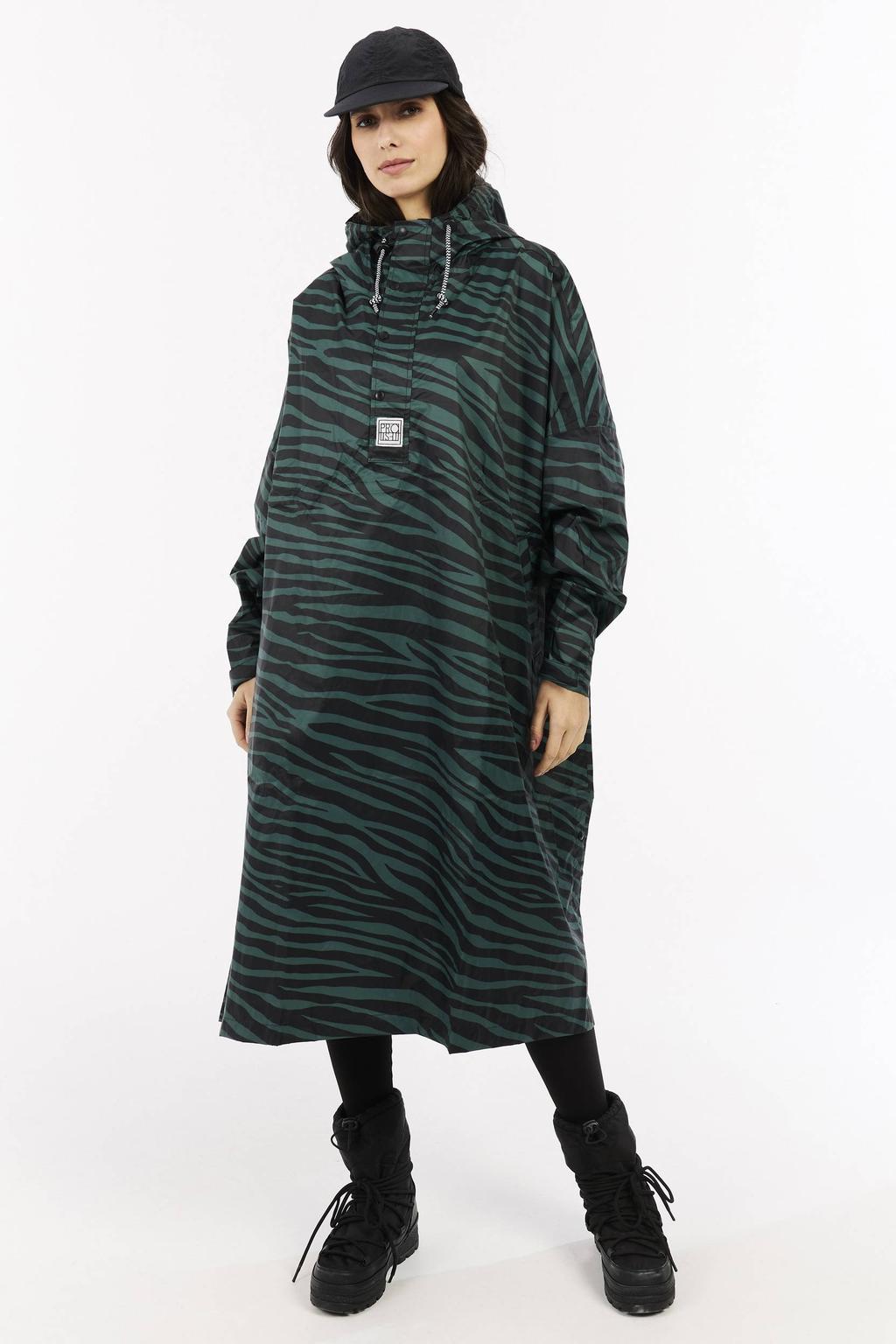 Groene dames Protest regenjas Laugh van polyester met dierenprint, lange mouwen, capuchon en drukknoopsluiting