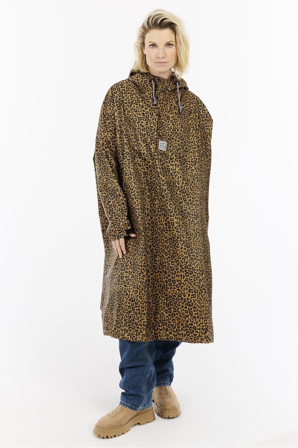 Camelkleurige dames Protest regenjas Laugh van polyester met dierenprint, lange mouwen, capuchon en drukknoopsluiting