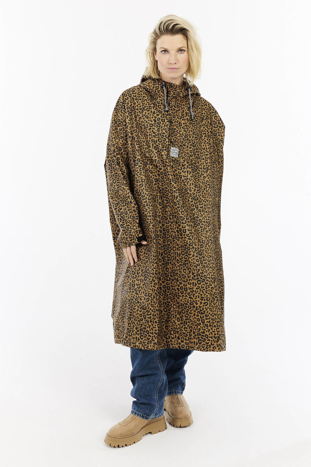 Camelkleurige dames Protest regenjas Laugh met panterprint, lange mouwen, capuchon en drukknoopsluiting