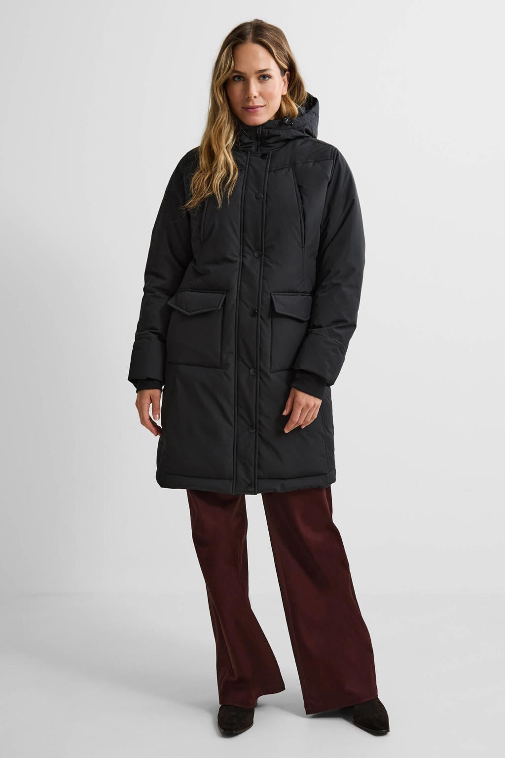 Zwarte dames anytime lange parka van polyester met effen, lange mouwen en capuchon