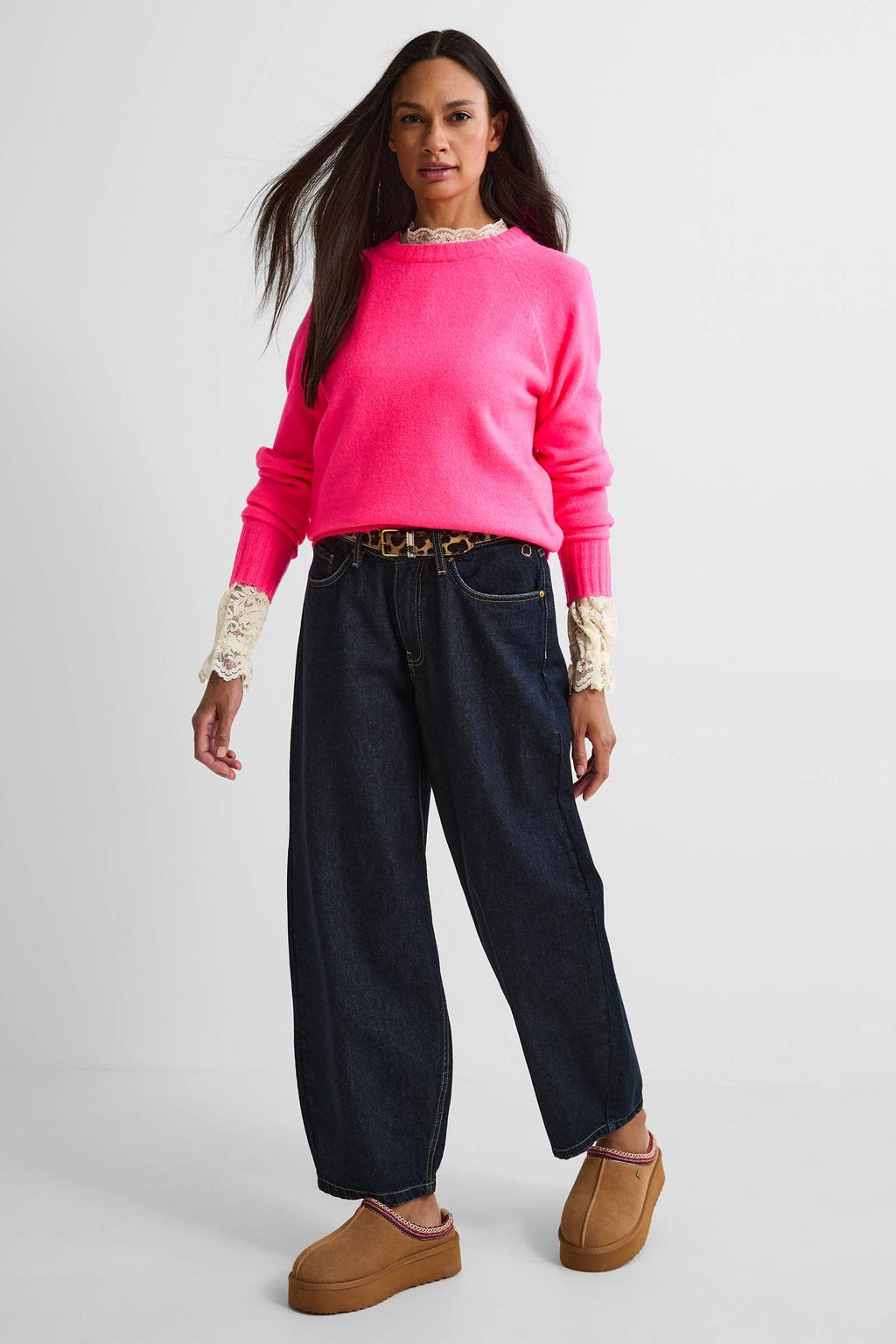 Roze dames Anytime gebreide trui van acryl met effen, lange mouwen en ronde hals