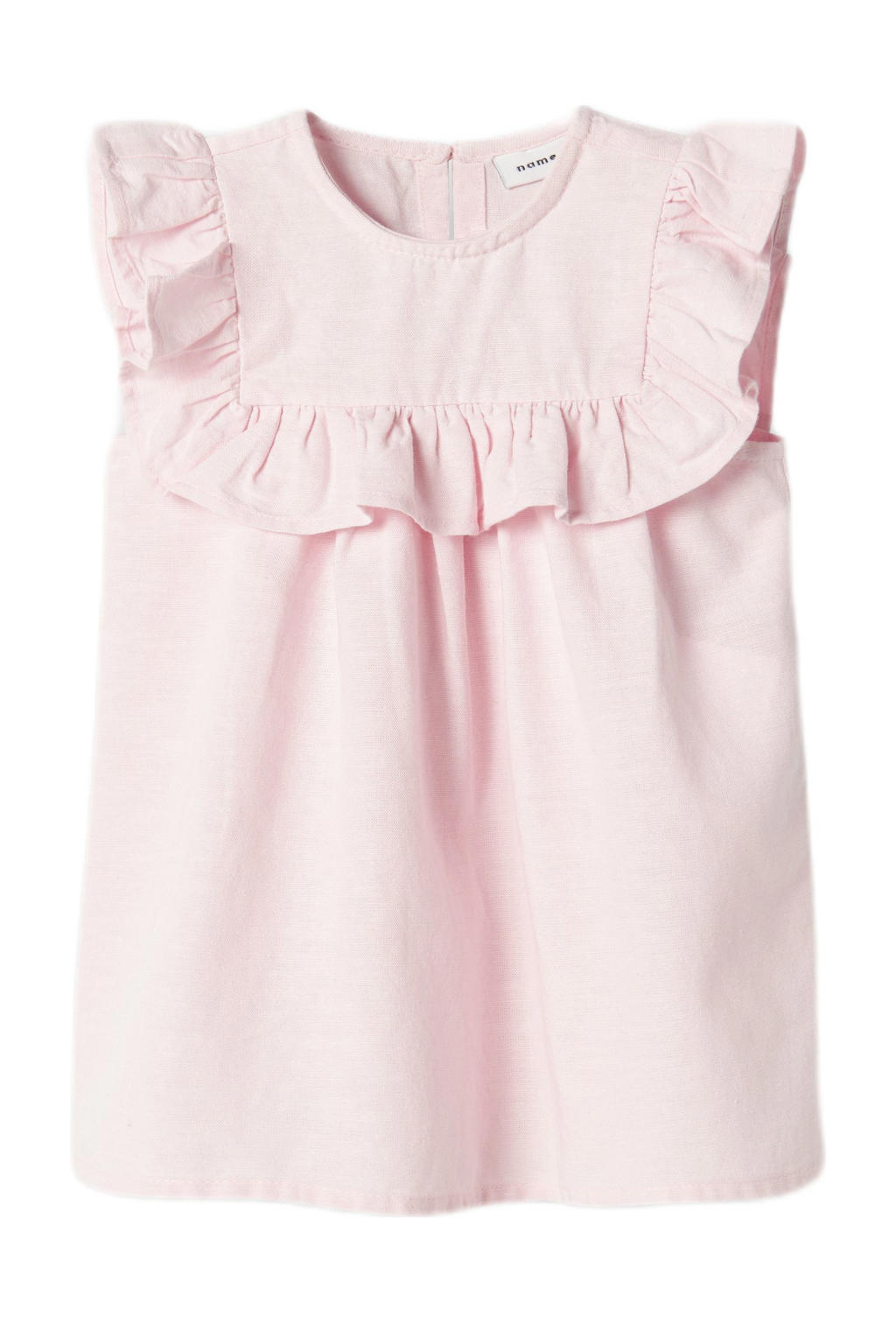Lichtroze meisjes NAME IT BABY korte jurk van viscose met effen, ronde hals en plooien