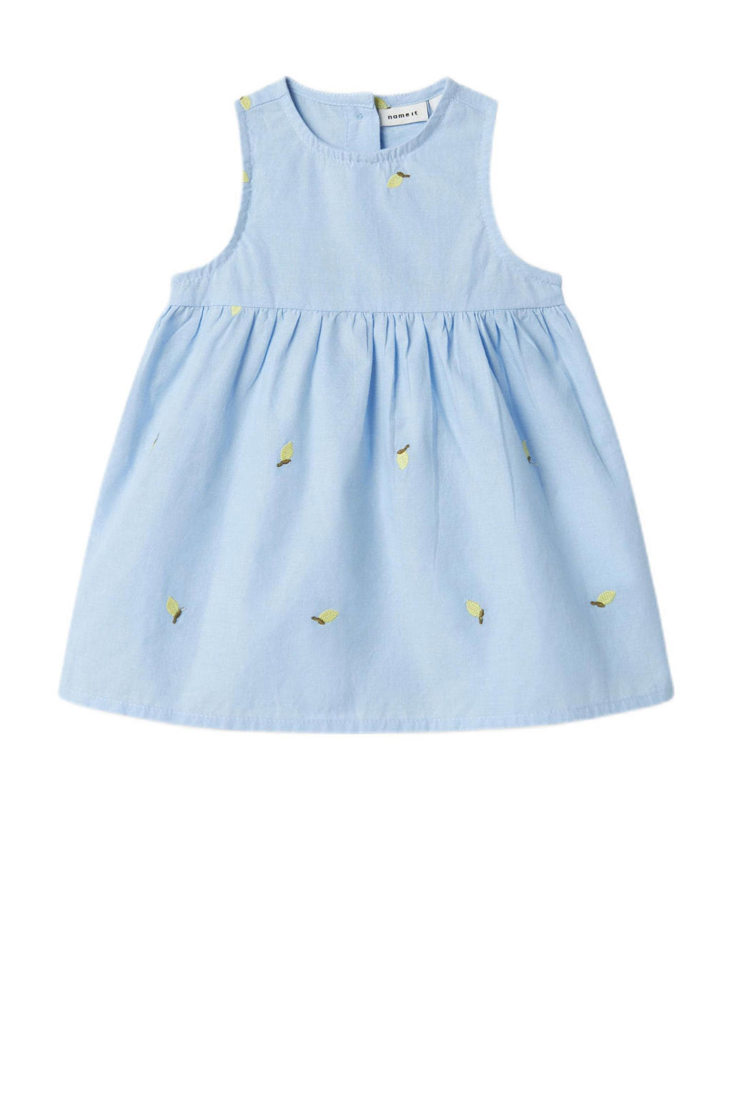 Lichtblauwe meisjes NAME IT BABY zomerjurk van katoen met logo dessin, ronde hals en borduursels