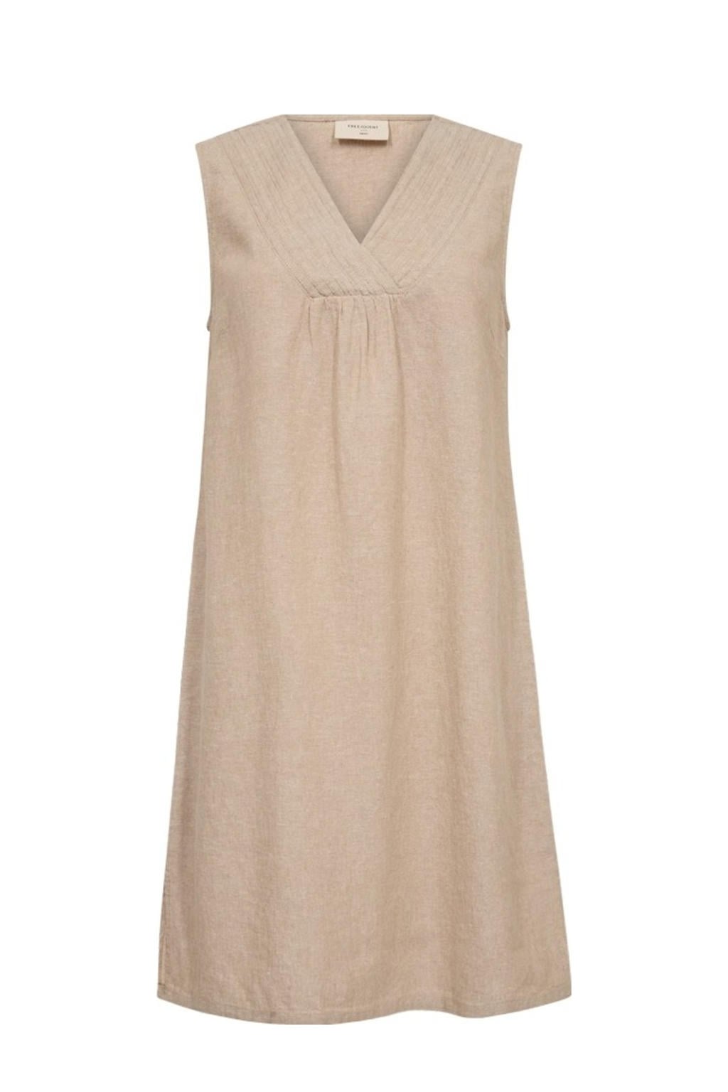 Beige dames FREEQUENT linnen zomerjurk met effen en V-hals