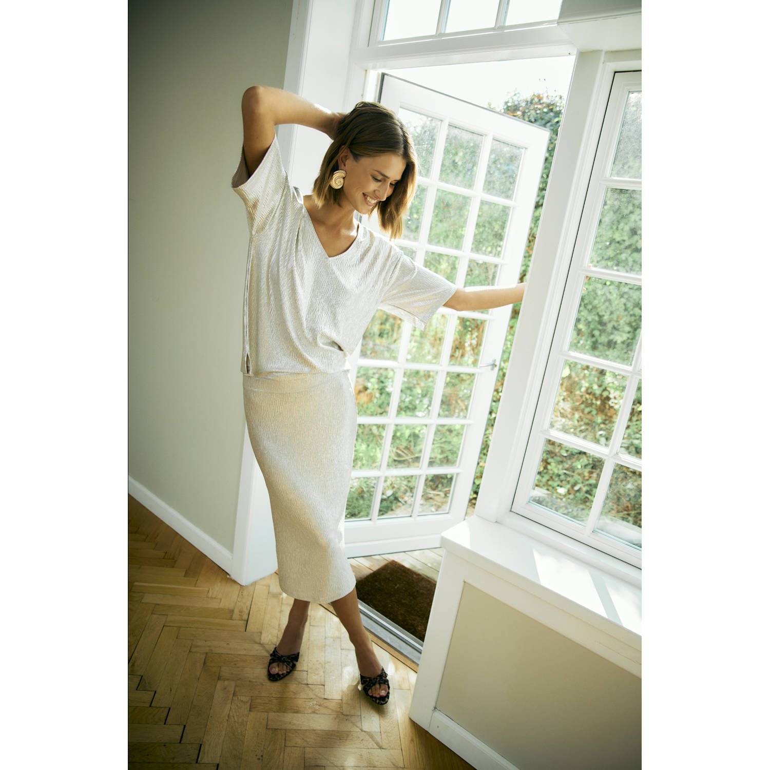 FREEQUENT midi rok met lurex ecru