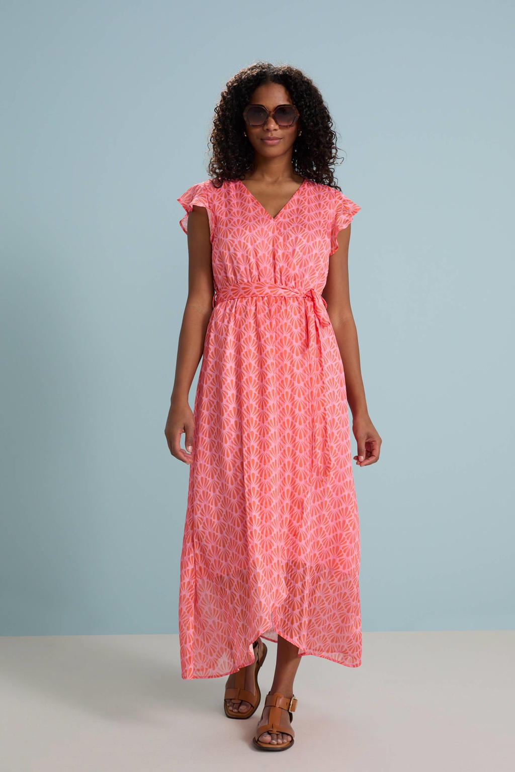 Lichtroze en oranje dames Smashed Lemon zomerjurk van polyester met grafische print, korte mouwen en V-hals