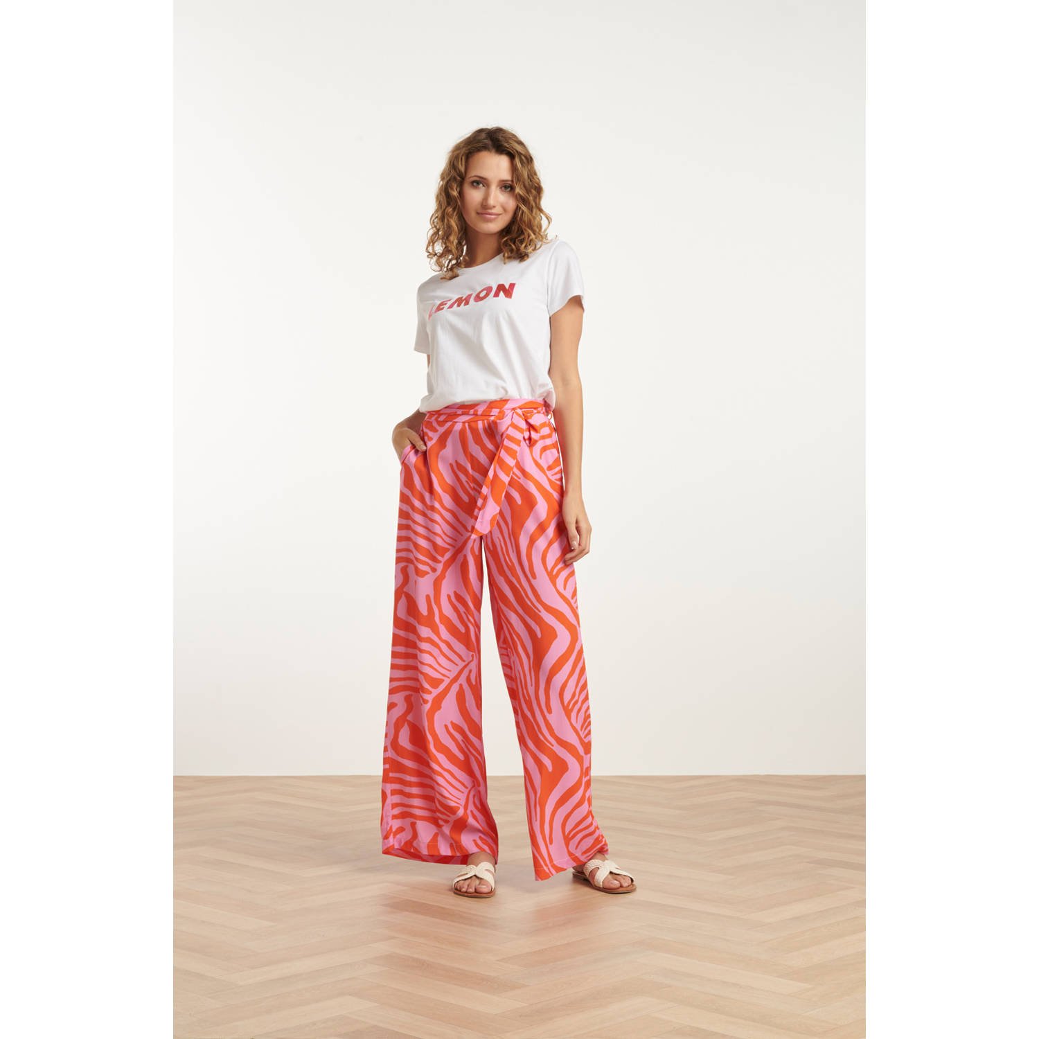 Smashed Lemon wide leg regular waist casual broek roze