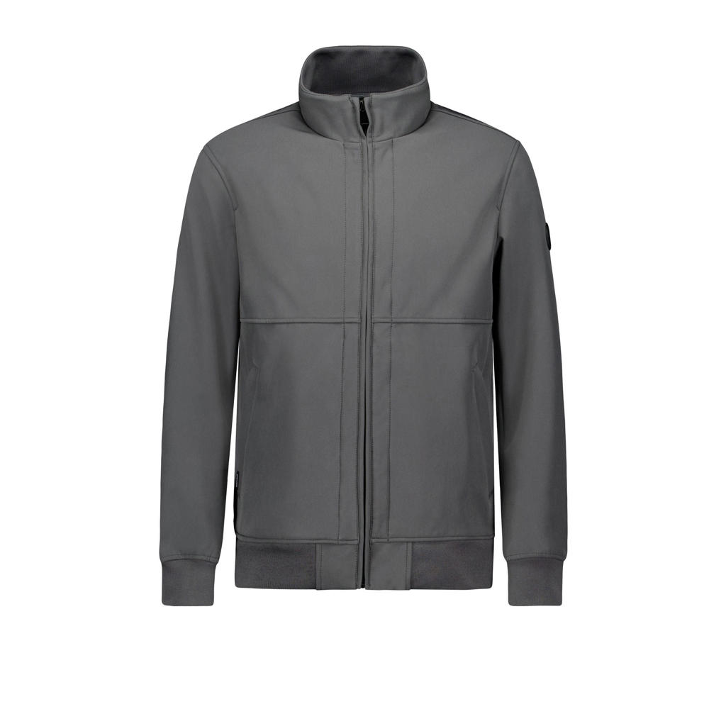 Grijze heren Airforce softshell jas met effen, lange mouwen, opstaande kraag, ritssluiting en geribde boorden
