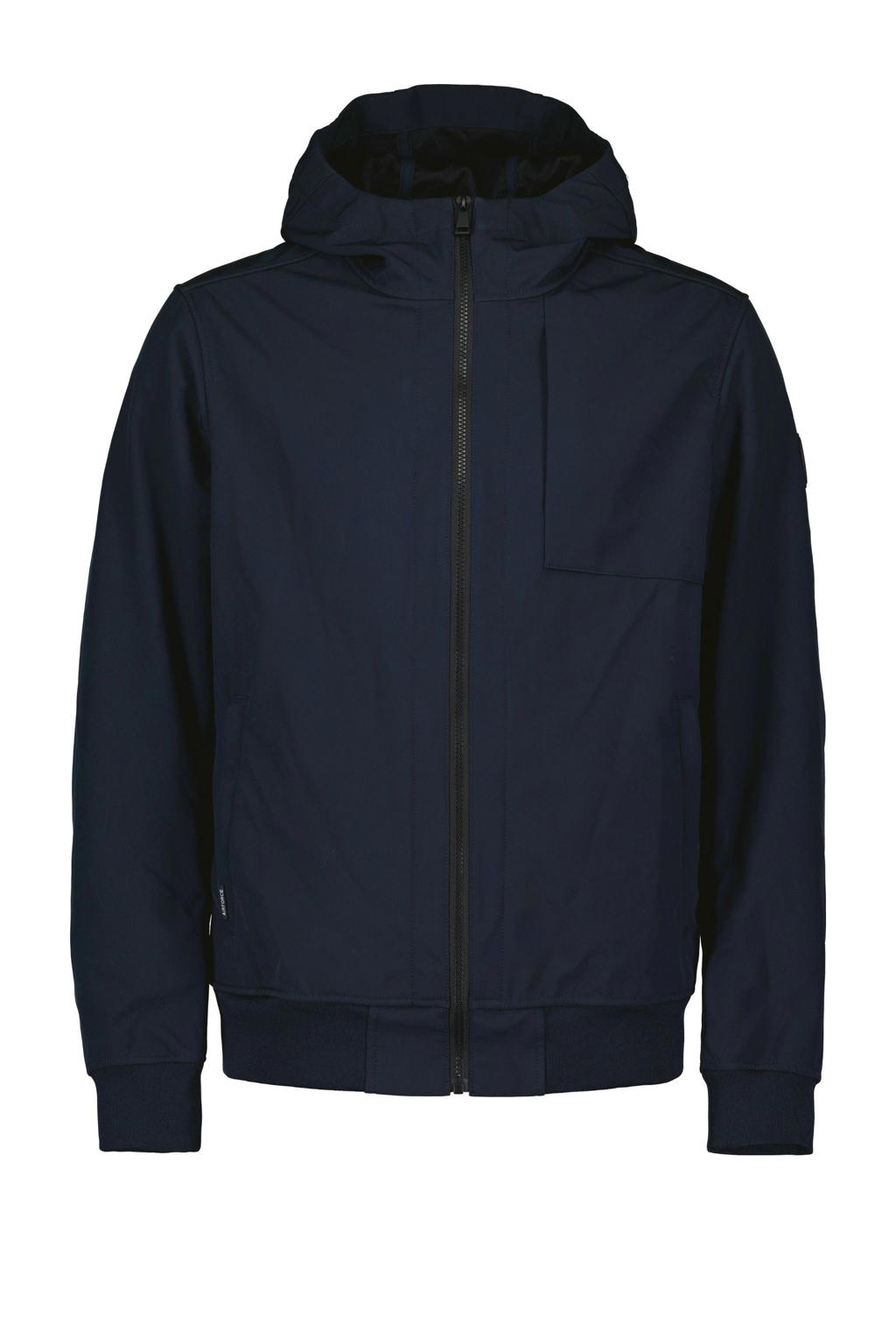 Donkerblauwe heren Airforce softshell jas met effen, lange mouwen, capuchon en ritssluiting