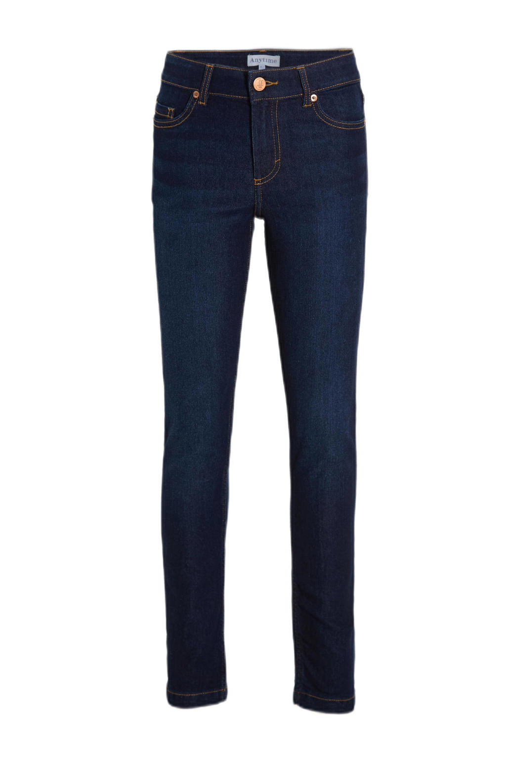 Dark blue denim jongens Anytime skinny jeans van denim met rits- en knoopsluiting en effen