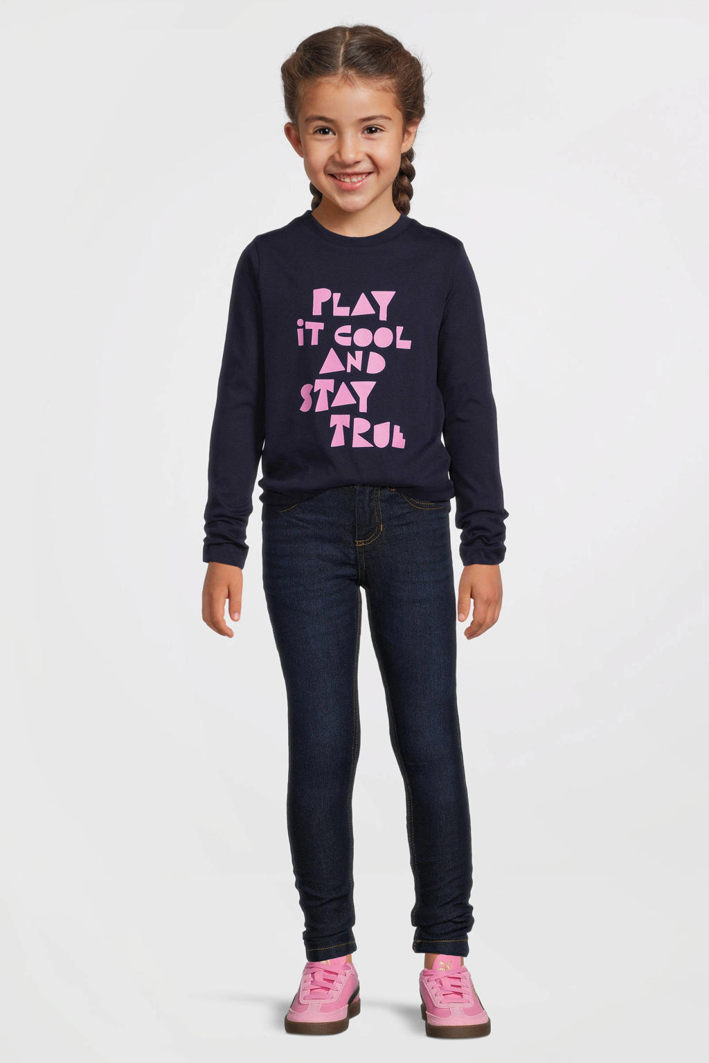 Dark blue denim meisjes Anytime skinny jeans van denim met regular waist, knoopsluiting en effen