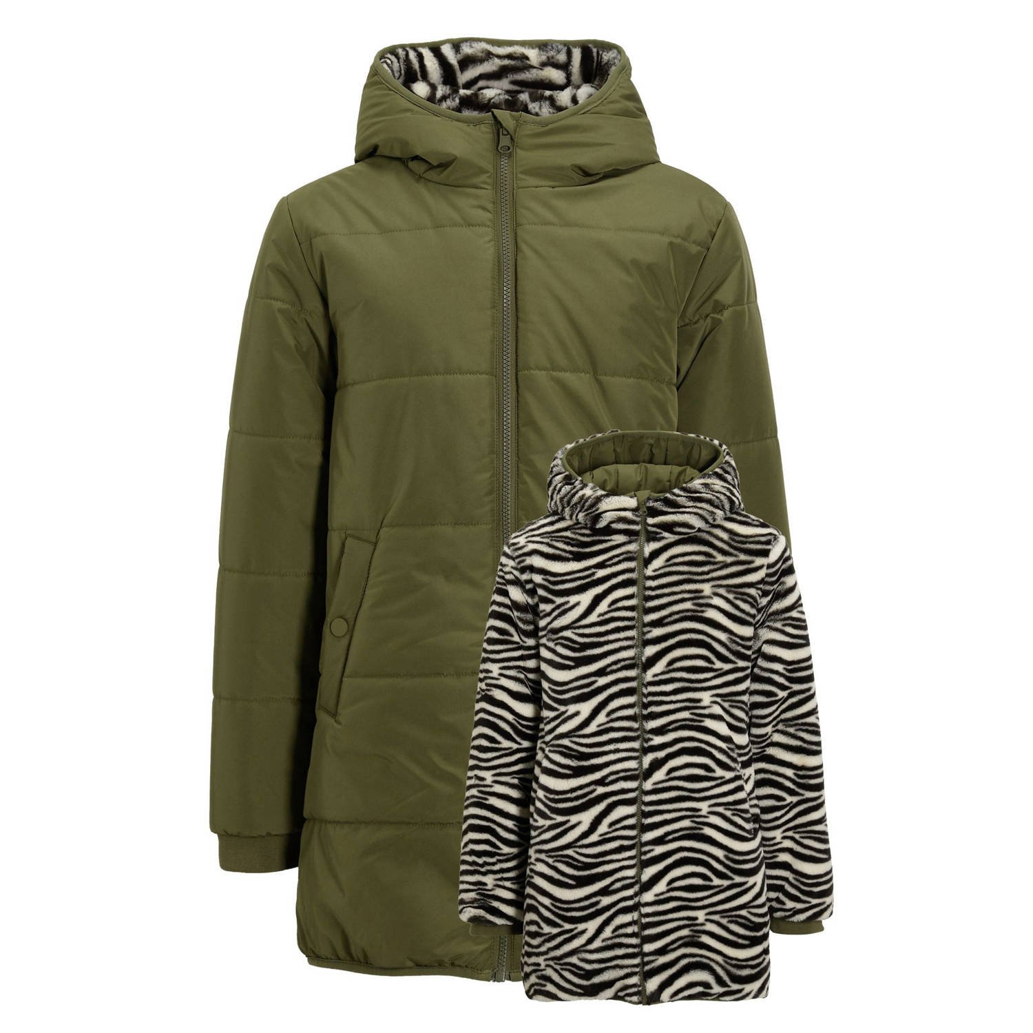 Anytime gewatteerde reversible jas zebra khaki