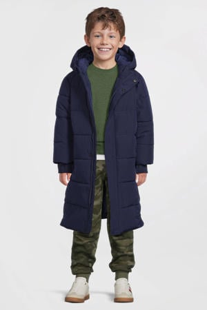 gewatteerde midi jas met capuchon donkerblauw