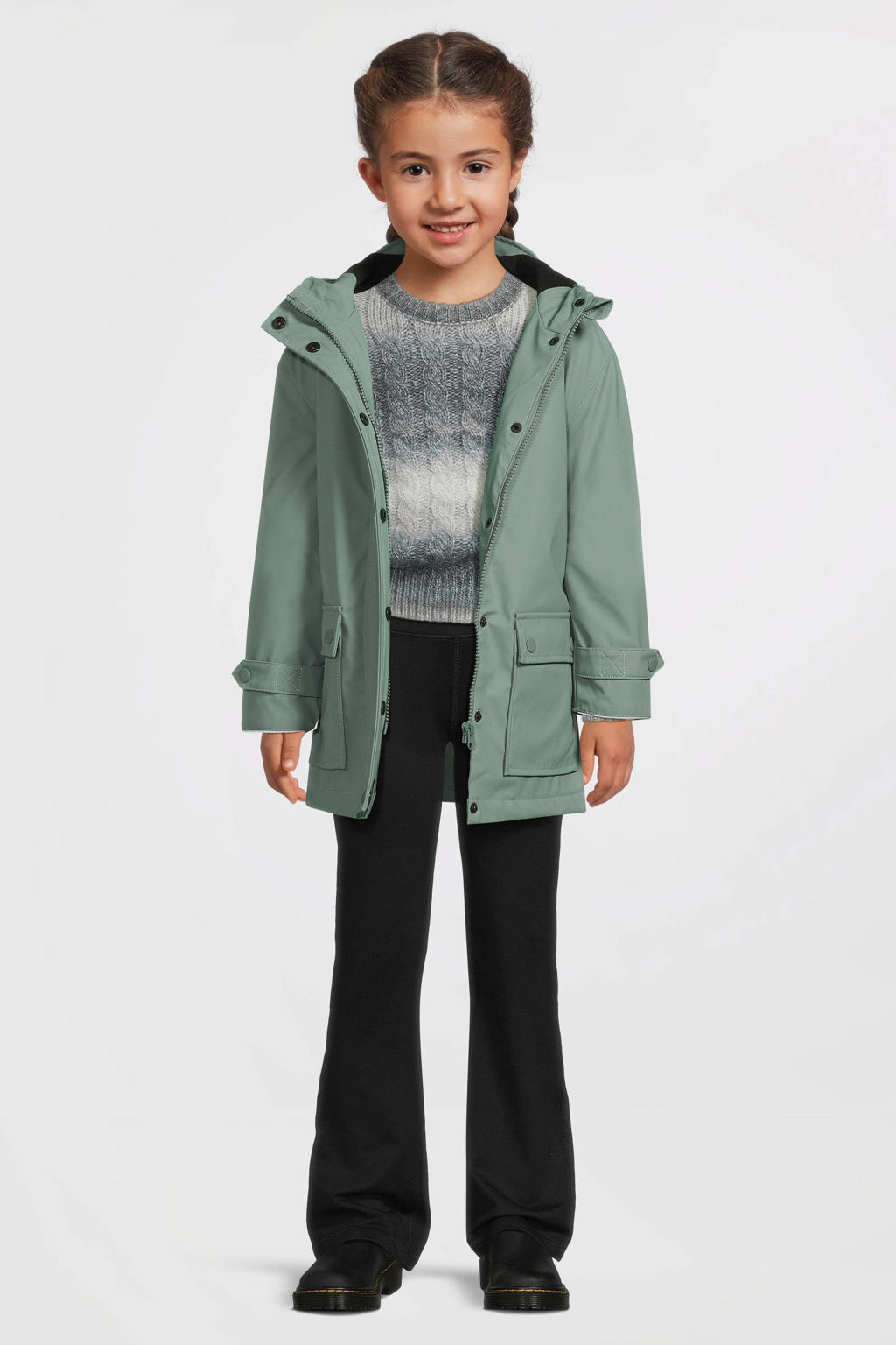 Groene meisjes Anytime regenjas van polyester met lange mouwen, capuchon en rits- en drukknoopsluiting
