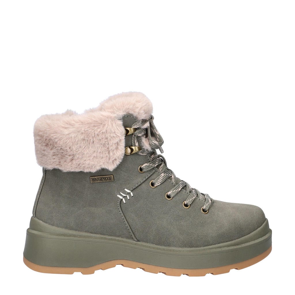Kakikleurige dames Skechers gevoerde veterboots van imitatieleer met rits- en vetersluiting