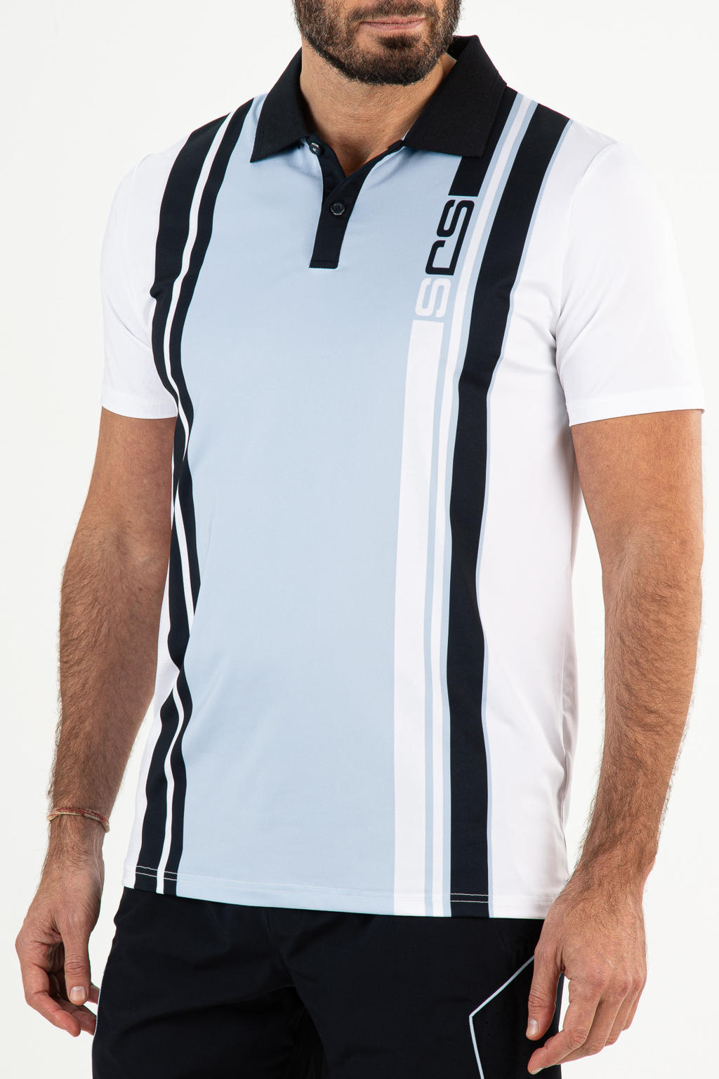 Lichtblauw, donkerblauw en witte heren Sjeng Sports tennispolo Carlos van polyester met korte mouwen, klassieke kraag en knoopsluiting