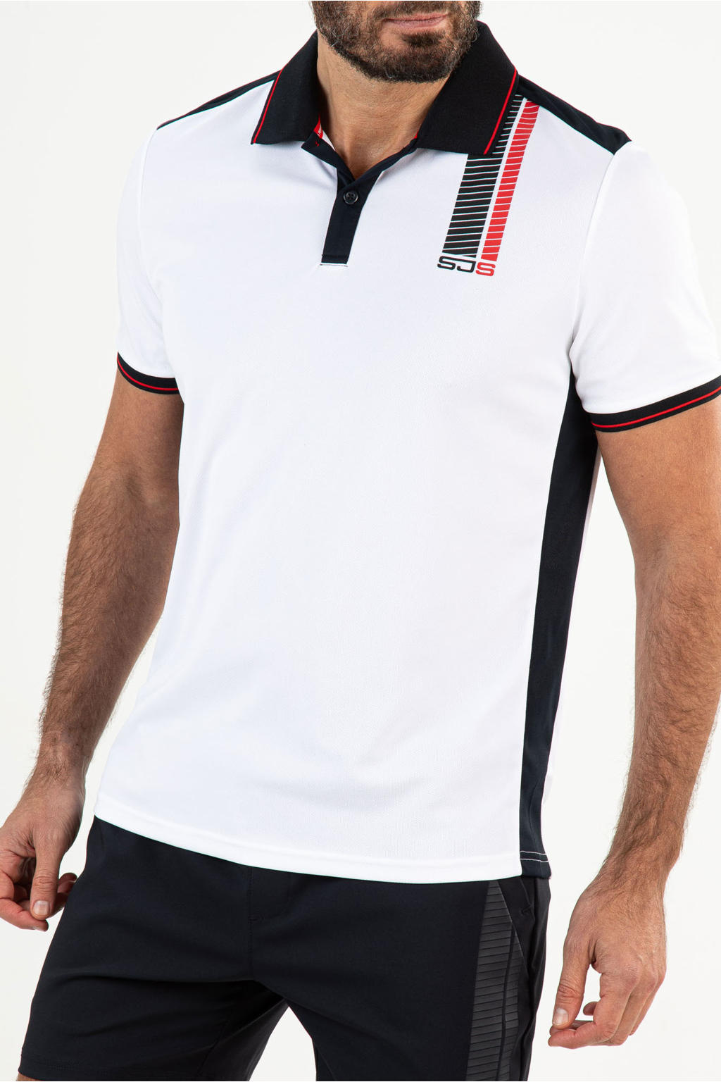 Wit en donkerblauwe heren Sjeng Sports tennispolo Cisco van polyester met meerkleurige print, korte mouwen, klassieke kraag en knoopsluiting