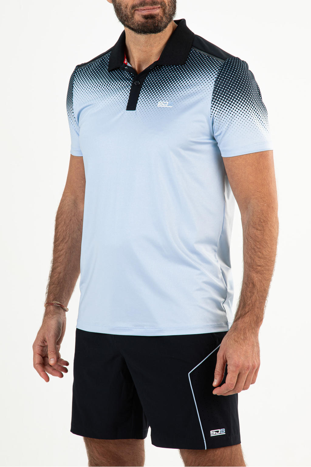 Lichtblauw en donkerblauwe heren Sjeng Sports tennispolo Cass van polyester met meerkleurige print, korte mouwen en knoopsluiting