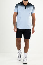 thumbnail: Lichtblauw en donkerblauwe heren Sjeng Sports tennispolo Cass van polyester met meerkleurige print, korte mouwen en knoopsluiting