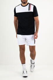 thumbnail: Donkerblauw en witte heren Sjeng Sports tennisshirt Bay van polyester met meerkleurige print, korte mouwen en ronde hals