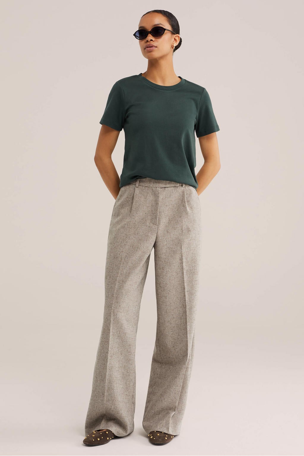 Donkergroene dames WE Fashion T-shirt van katoen met effen, korte mouwen en ronde hals