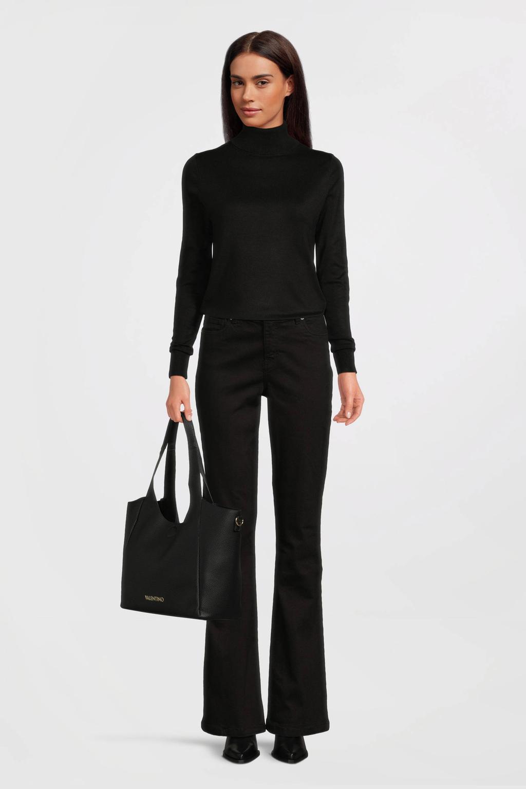 Zwarte dames Anytime coltrui van viscose met effen, lange mouwen en gebreide details