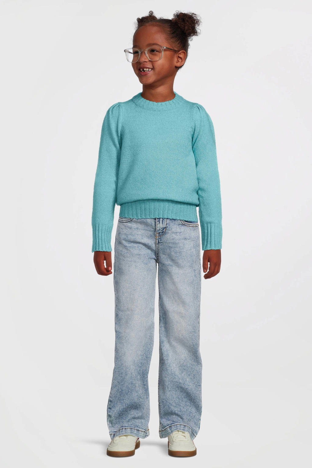 Blauwe meisjes Anytime puff sleeve gebreide trui van acryl met effen, lange mouwen en ronde hals