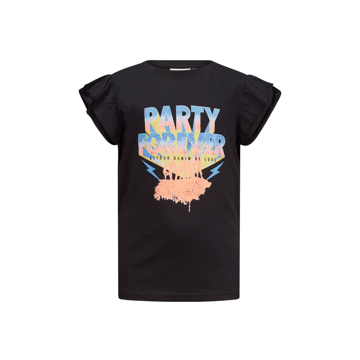 Retour Jeans T-shirt Oda met printopdruk en ruches zwart